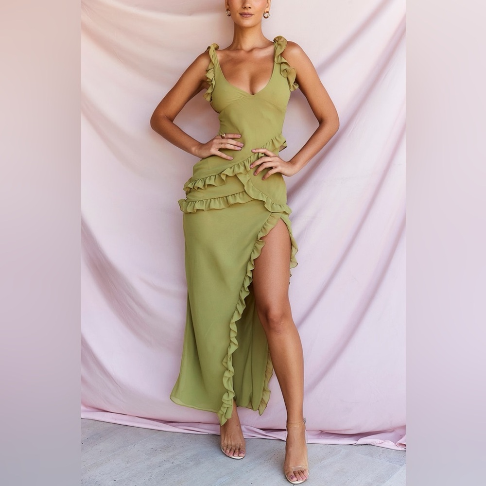 House of CB Pixie Olive Ruffle Maxi Dress